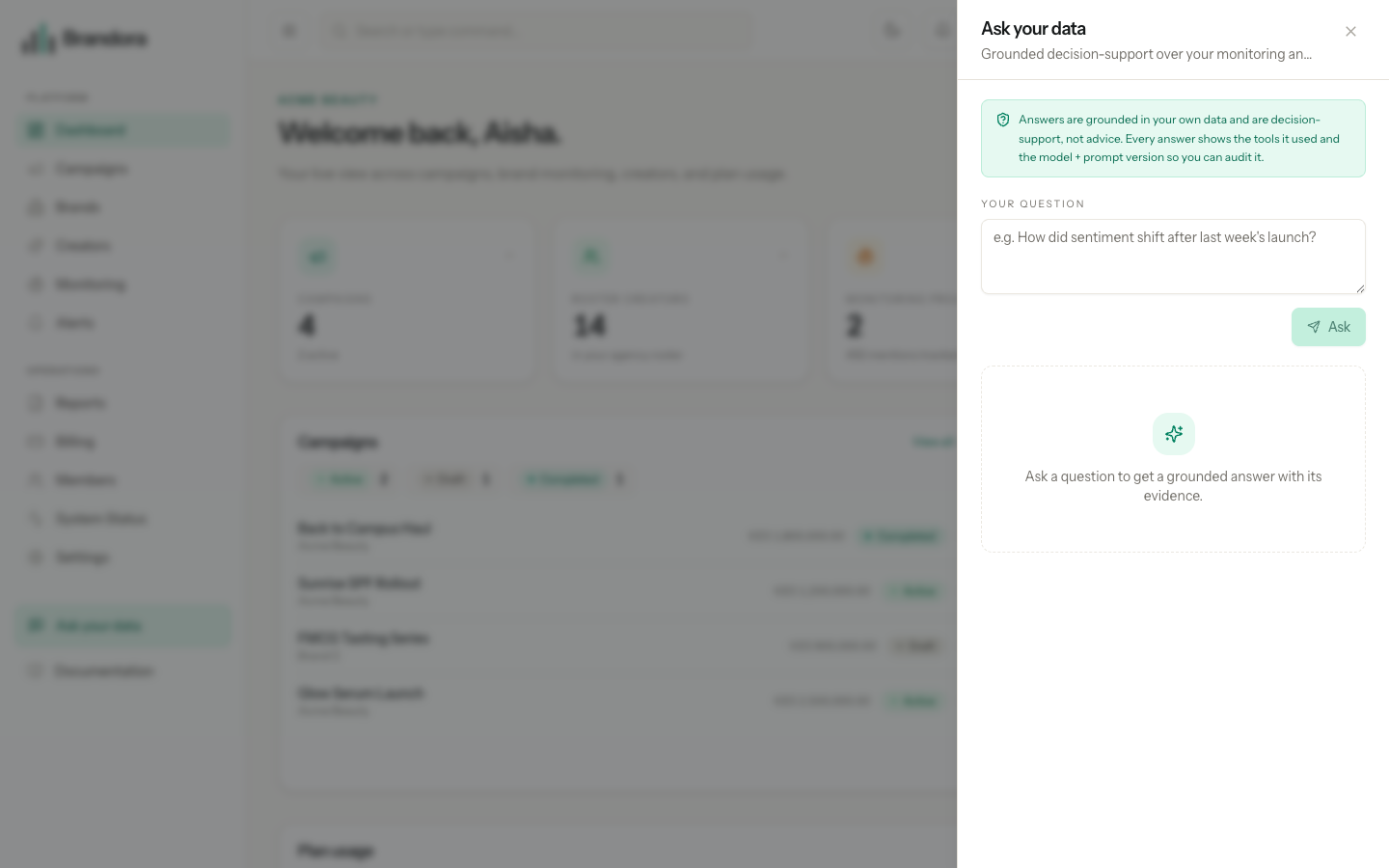 The Ask your data drawer open over the dashboard, showing an answer with its evidence list
