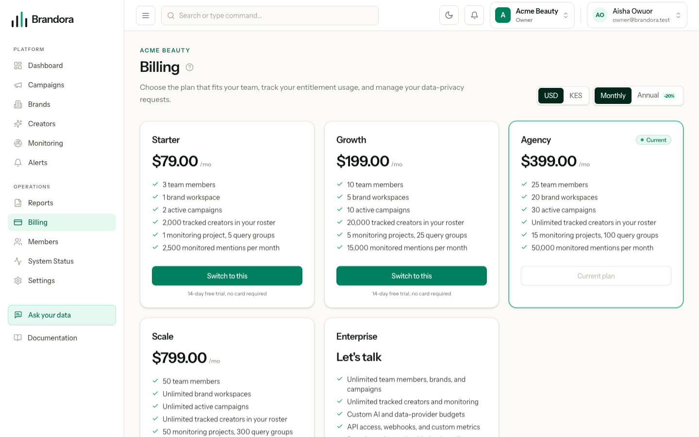 The billing page, where the data and privacy card records export and erasure requests