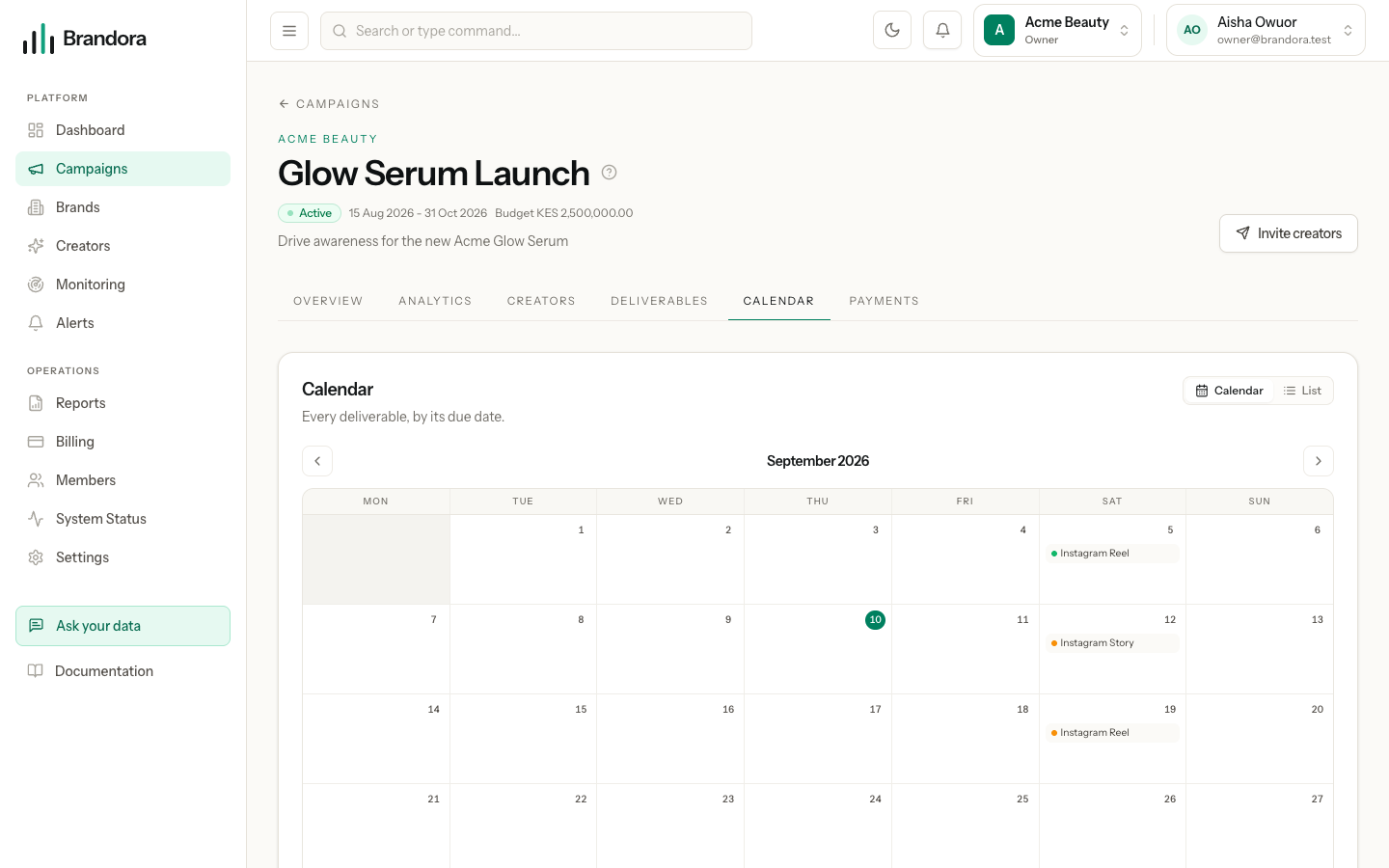 The campaign calendar with deliverables laid out on the days they are due