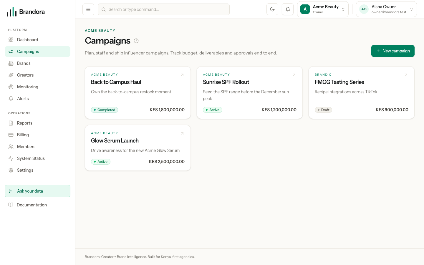 The campaigns list with one card per campaign, each showing brand, name, objective, status and budget