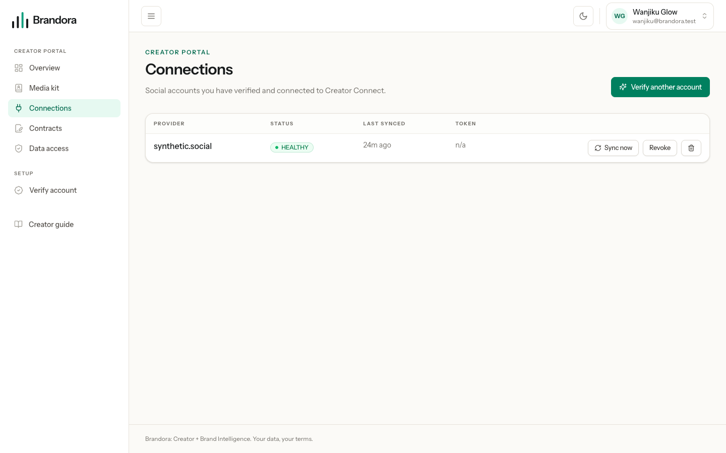 The connections table with a verified Instagram account, its status, last sync and token expiry