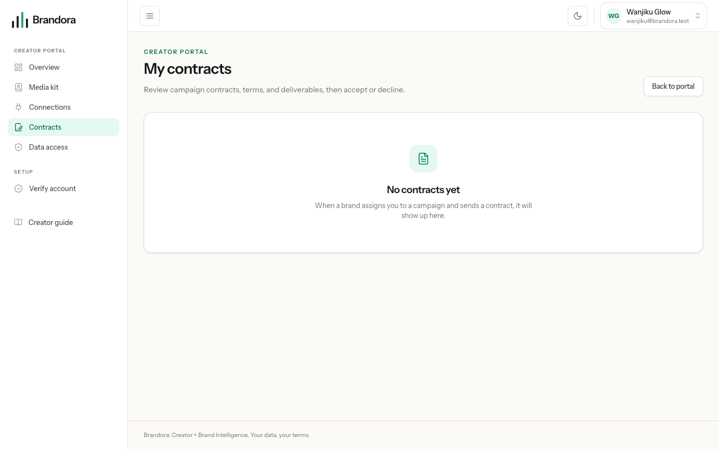 The creator contracts page with a contract card showing terms, deliverables and accept or decline buttons