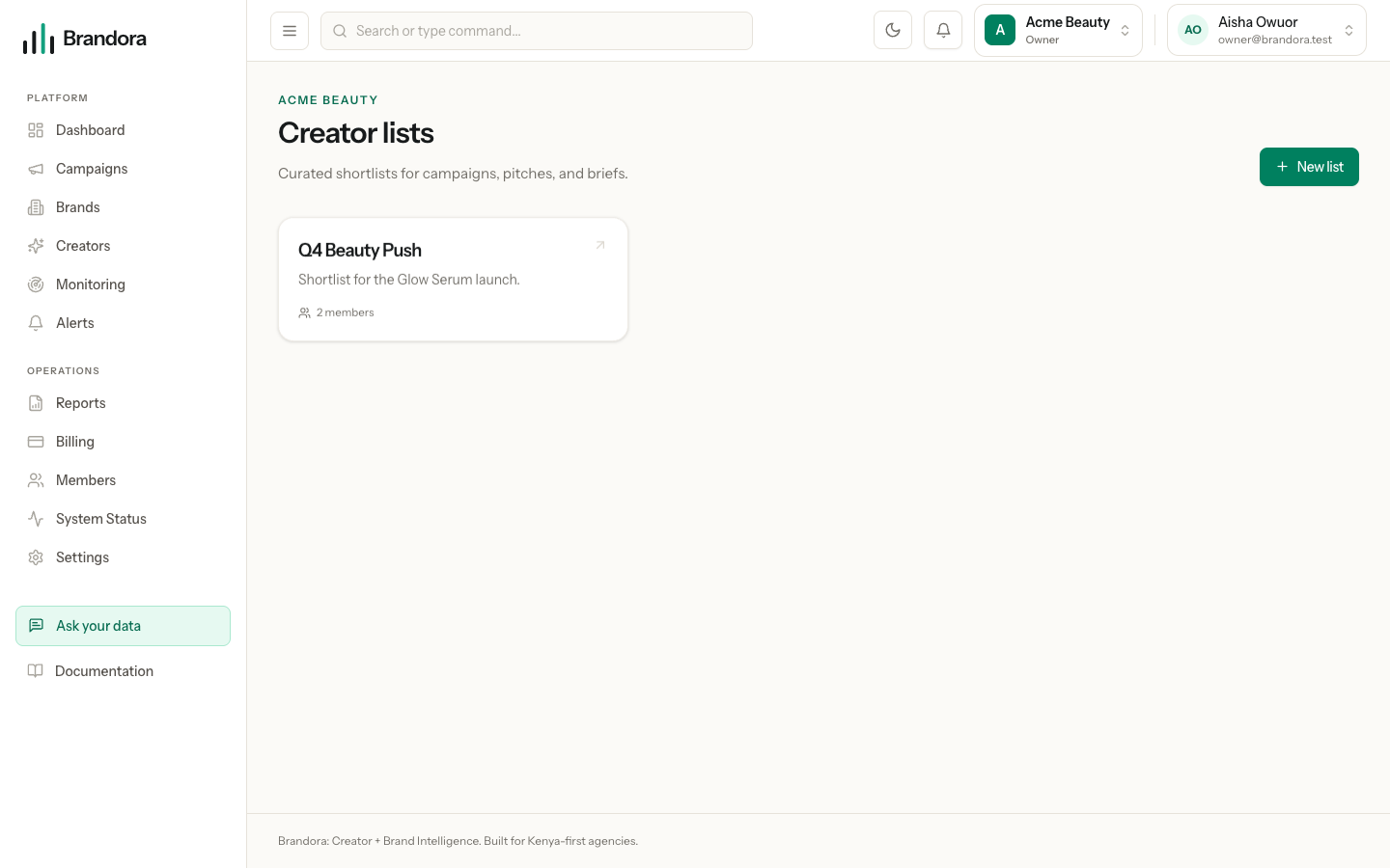 The creator lists screen showing named shortlists with their purpose and member count