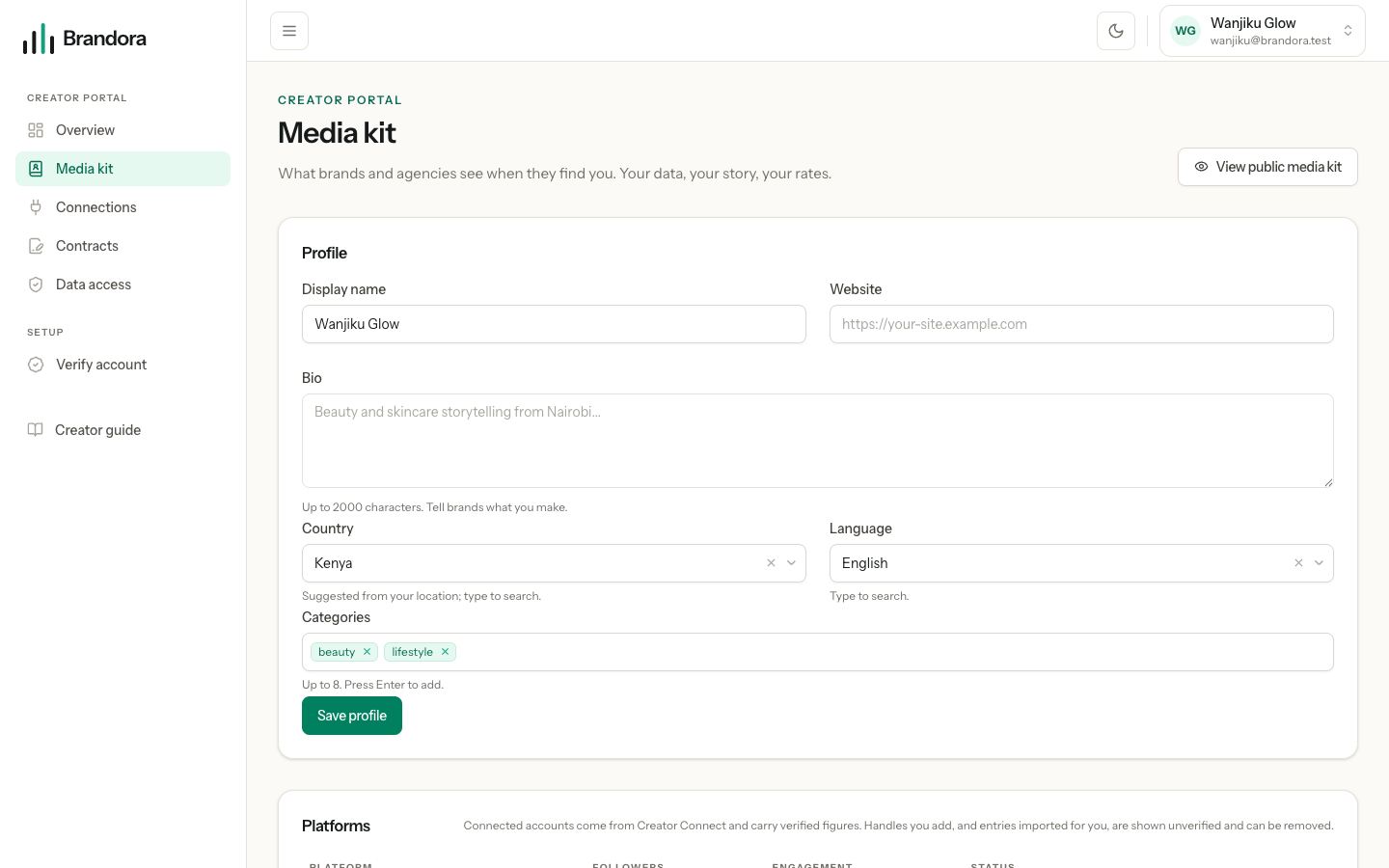 The media kit editor with profile fields, a platforms table and a rate card section