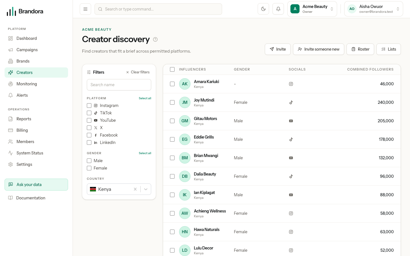 Creator discovery with the filter rail on the left and selectable results on the right