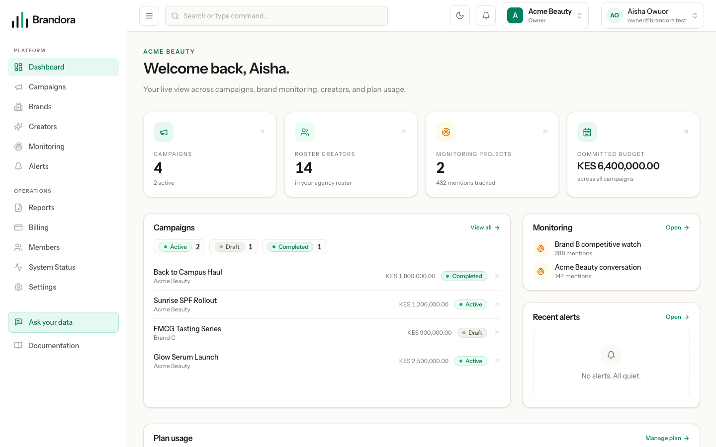 The Brandora dashboard showing campaign, roster, monitoring and budget tiles above campaign, monitoring and alert cards