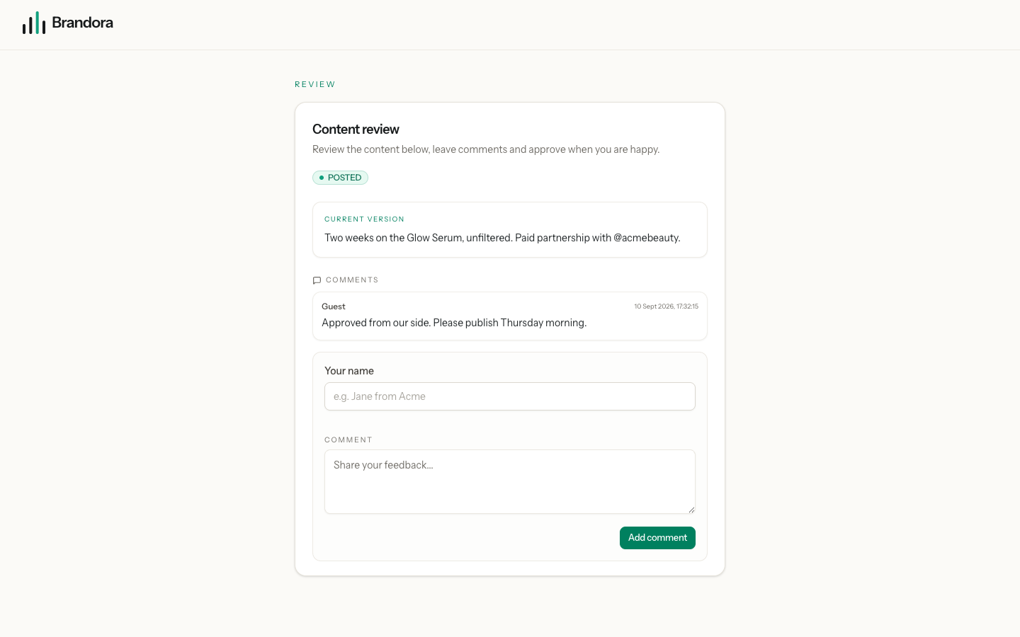 The public client review page, showing the current version and the client comment thread