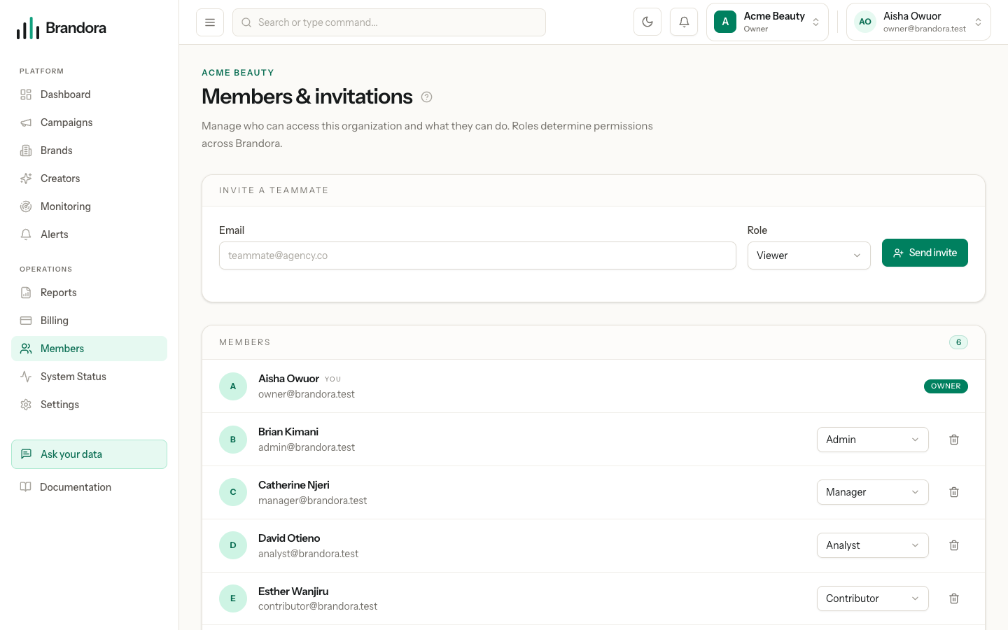 The members screen showing current members with their roles beside a card of pending invitations