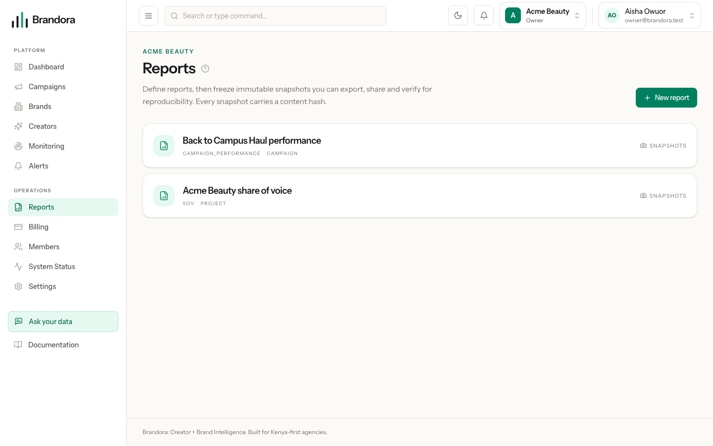 The reports list, each report showing its type and scope