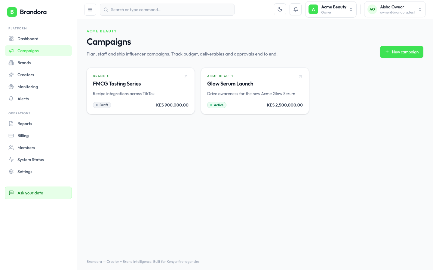 Campaign planning with briefs, assignments, and budgets