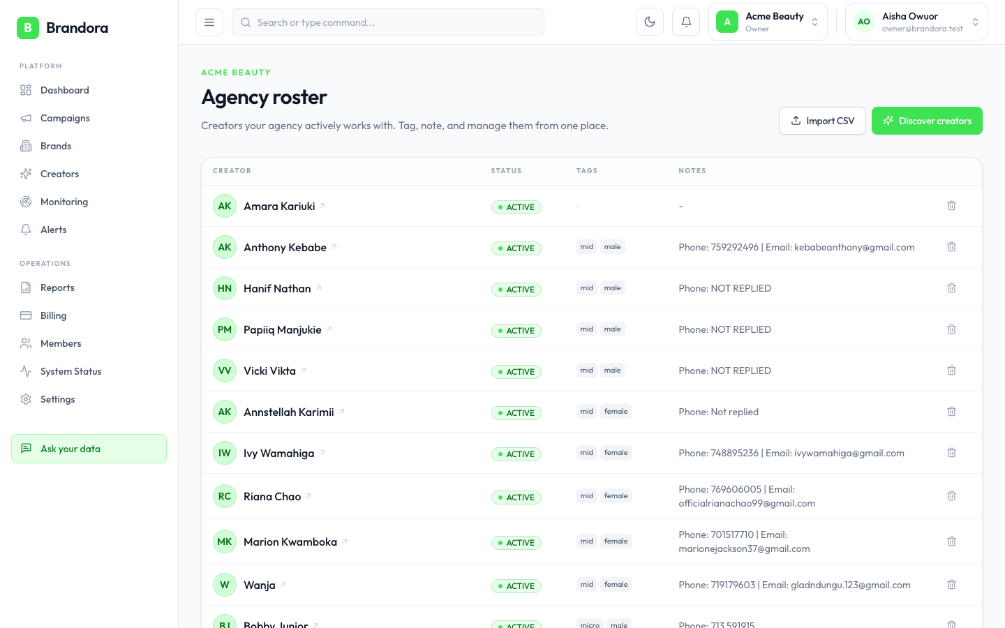 Private creator roster with CSV import, tags, and notes